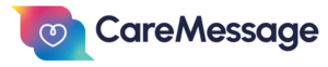 CareMessage logo - The logo mark is made up of two text bubbles with a heart in the middle. They are a colorful rainbow gradient from yellow to teal. The heart is a lined element with a loop in the middle. Next to the logo mark is the word CareMessage with a capital C and a capital M in an indigo blue.